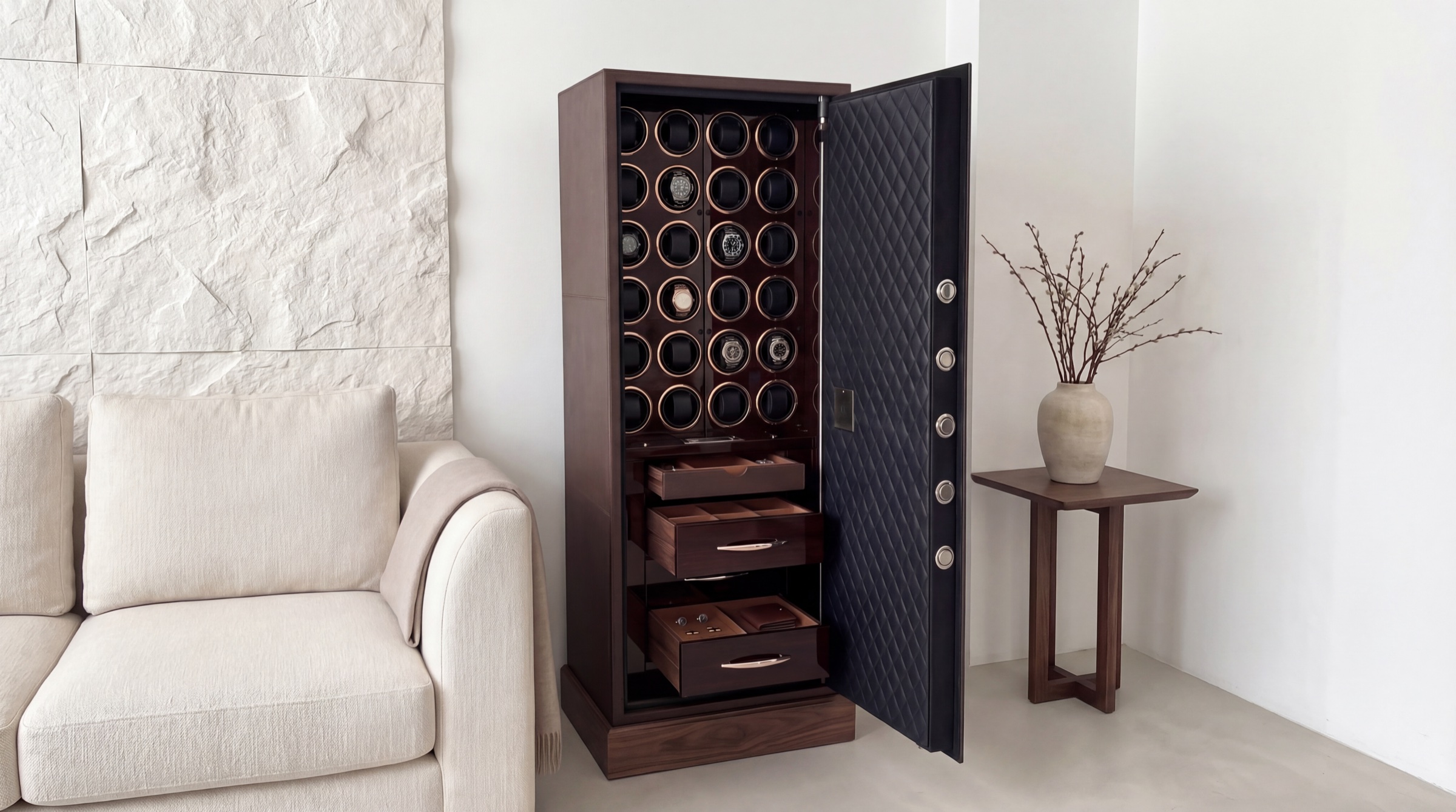 Multiple watch winder with several individually programmable modules for automatic watches in a Swiss Kronberg Collection watch safe