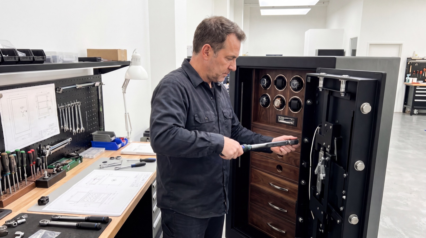 A Kronberg Collection safe being assembled and torque-tested in the Swiss workshop
