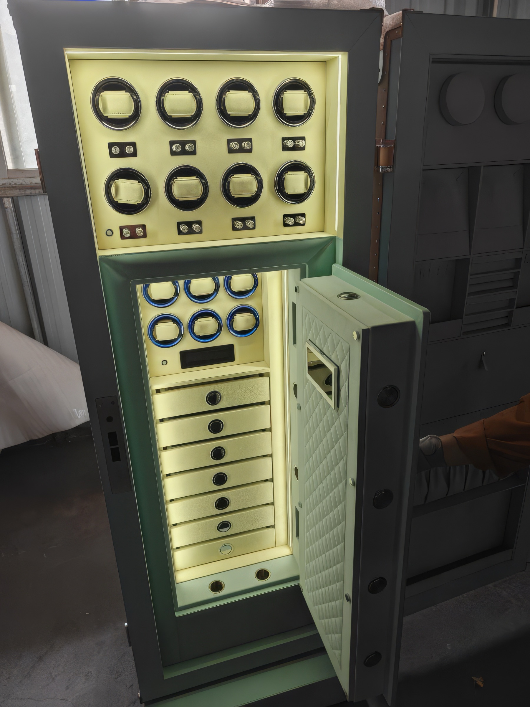 Kronberg Standard Safe 170cm in sage green lacquer with cream leather interior — Monaco 2023