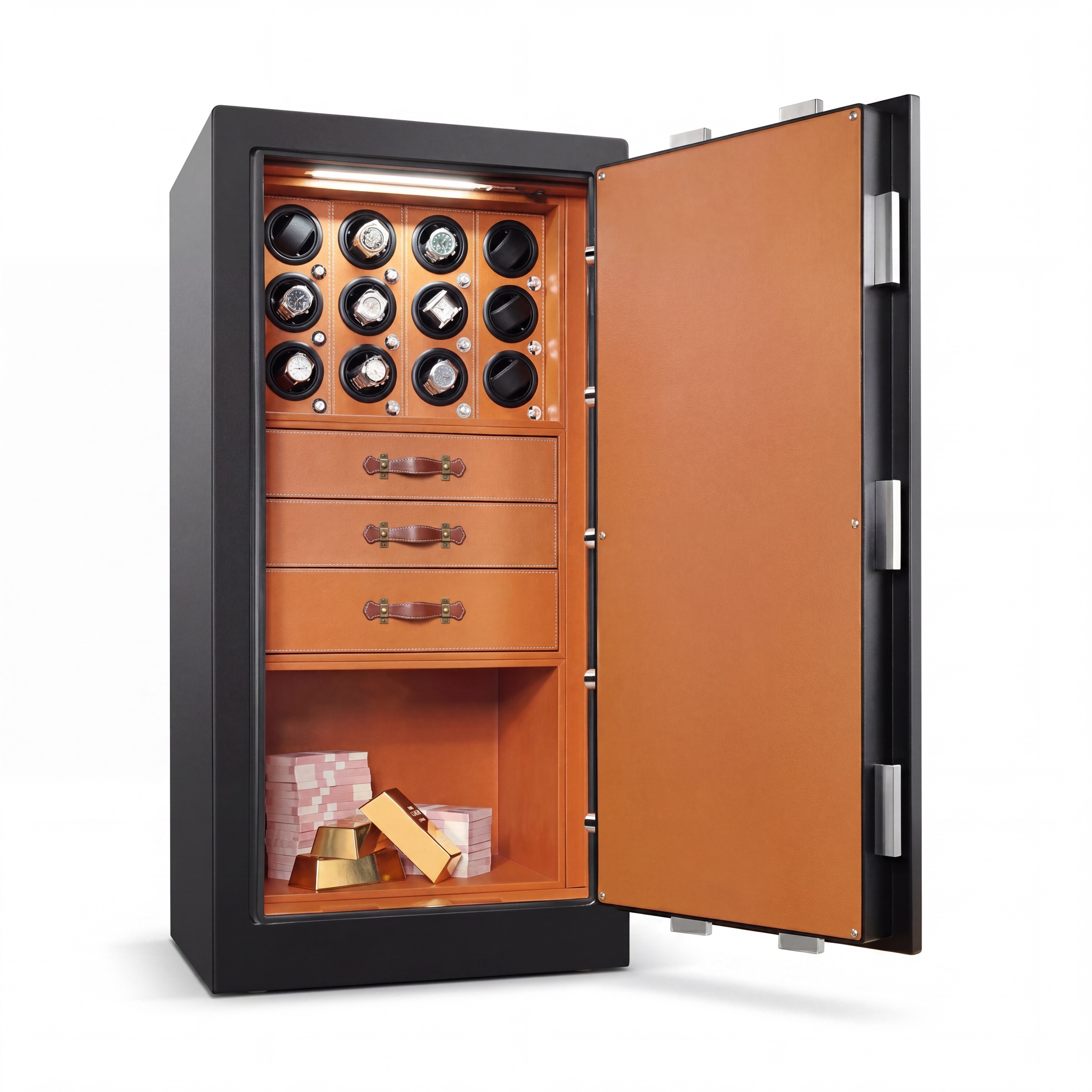 Wall-mounted in-wall watch safe with leather-lined interior concealed behind a hinged picture frame
